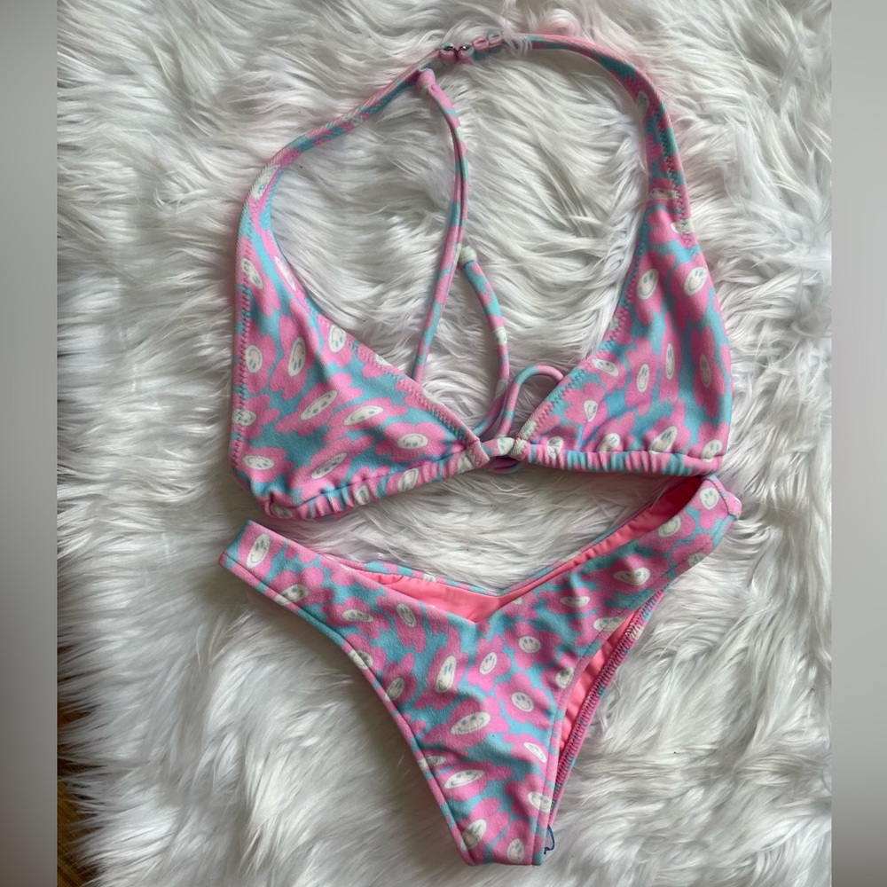 Frankie’s Bikinis Tia Terry Smiley Face Pink Bikini Set
